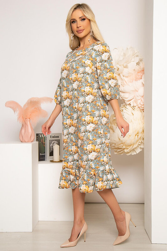 LT Collection Платье 259152 П3847 серо-голубой, белый, бежевый, принт: флористический